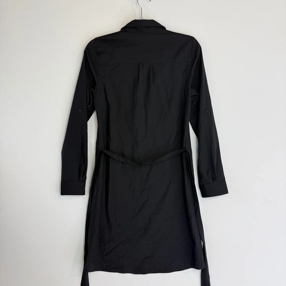 Icebreaker Destiny Shirt Dress Womens S Black Merino Wool Blend Roll Tab Belted